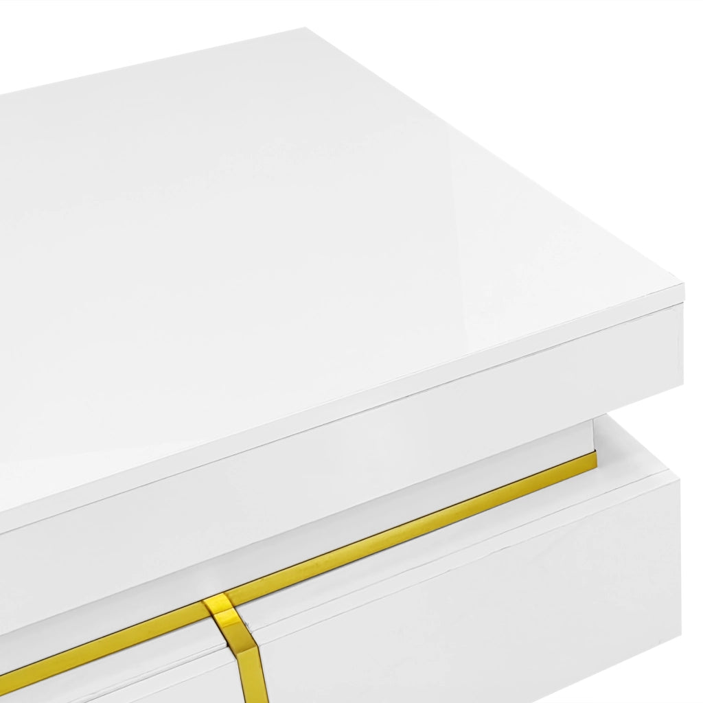 TAVOLINO DA SALOTTO 70x70x35,5 cm Bianco Lucido con 2 cassetti e dettagli oro