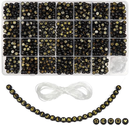 Bracciali in Acrilico a forma di Lettere Ronde 7 mm - Nero con Lettere d'Oro - Incluso Filo di Cristallo 15 m