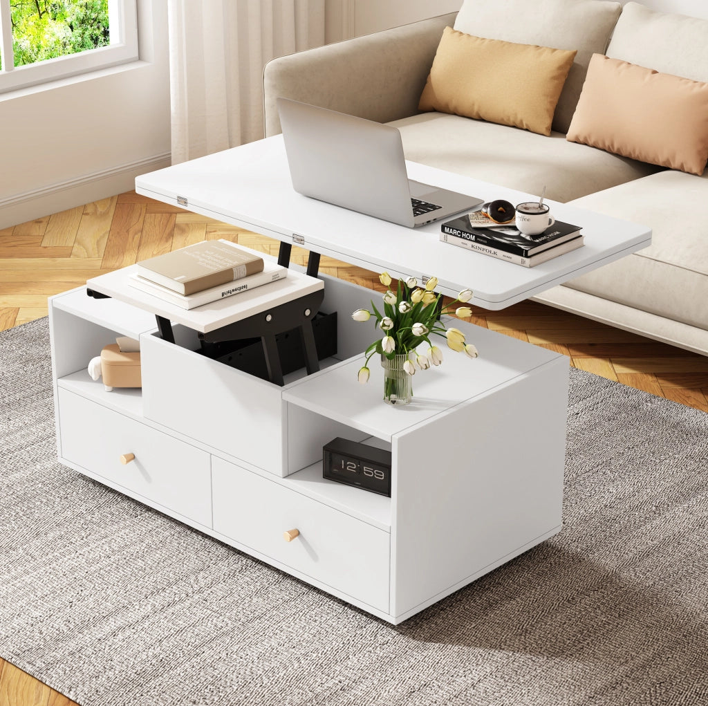 Tavolino da caffè sollevabile e pieghevole 100 x 50 x 47;5 cm in MDF bianco