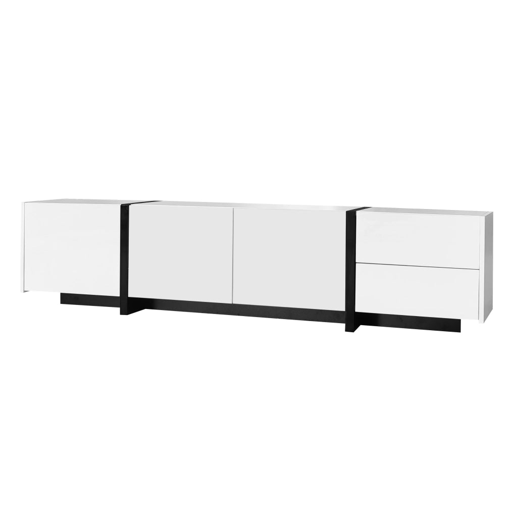 Mobile porta TV bianco lucido con 3 ante, 1 cassetto e 1 ribalta, gambe nere, 170 × 30 × 39 cm