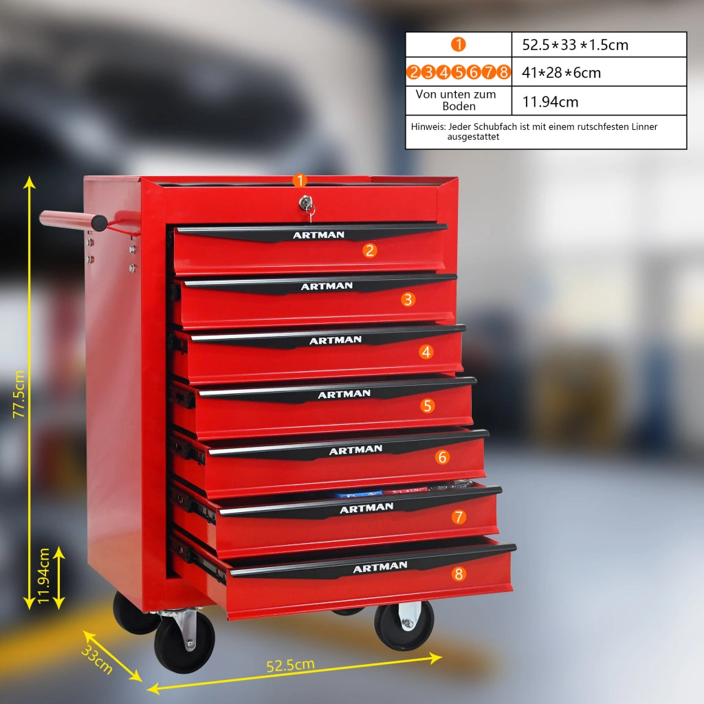 CARRELLO PORTAATTREZZI 7 cassetti 60x33x77,5 cm acciaio rosso/nero