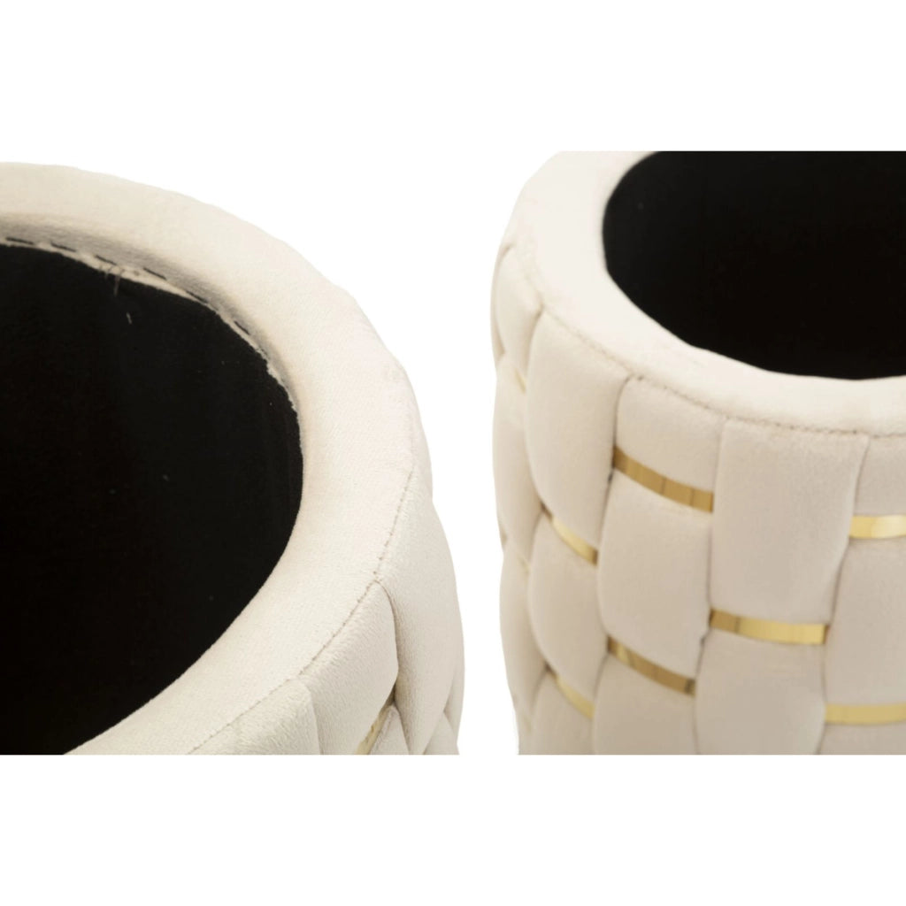 Set 2 pouf contenitore Shanty in velluto crema con fascia dorata O37x42 e O28x35 cm