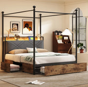 Letto matrimoniale multifunzione 140x190 cm in metallo nero con baldacchino removibile; USB e LED
