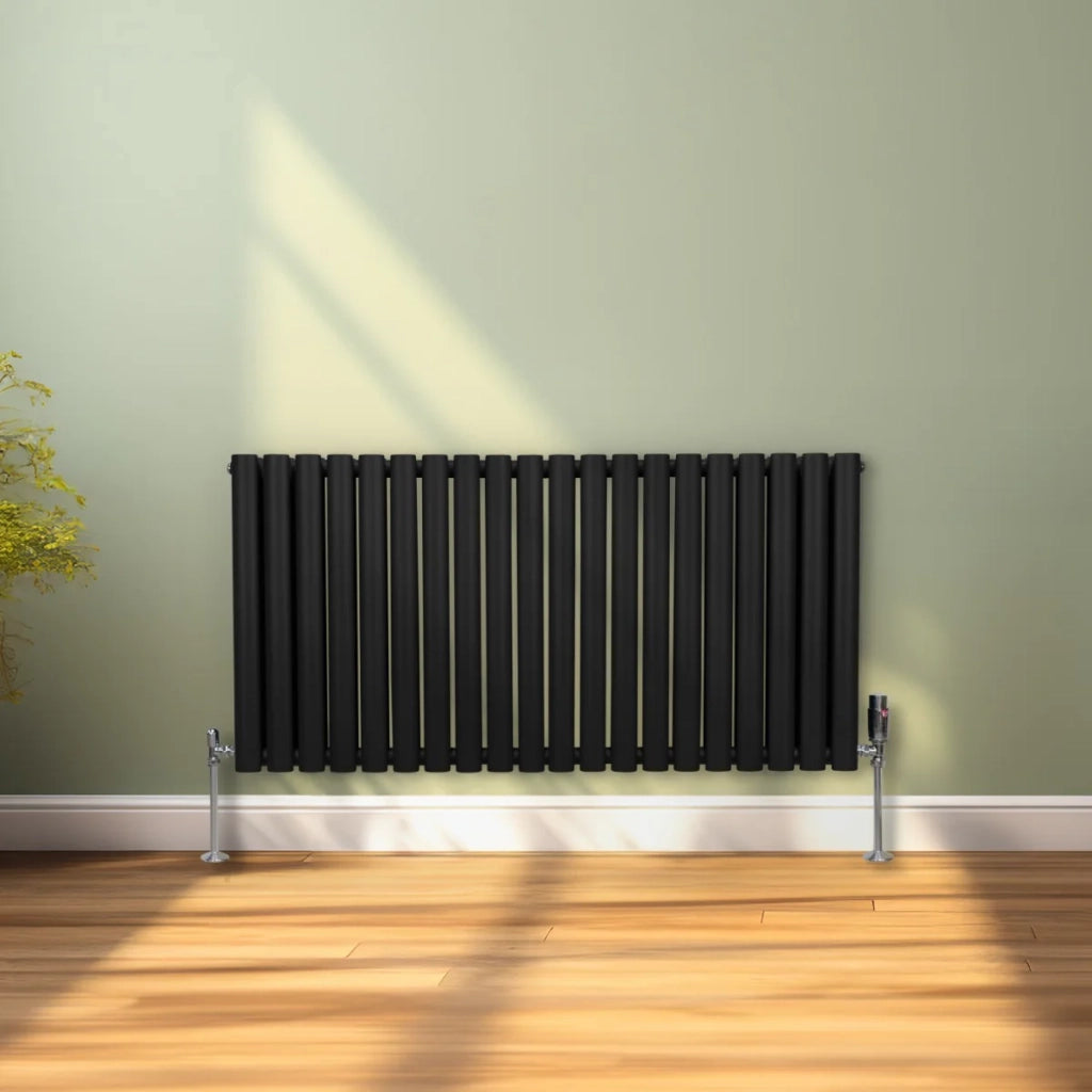 Radiatore a colonna ovale e valvole cromate TRV Designer Nero  600 mm x 1200mm