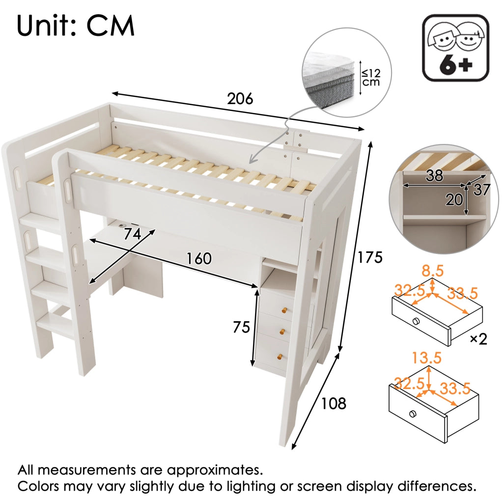 Letto a soppalco singolo 90x200 cm bianco con scrivania a L; mensole; cassetti e USB/Type-C