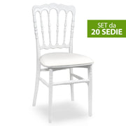 Set da 20 Sedie Napoleon in Plastica Bianche con cuscino similpelle bianco