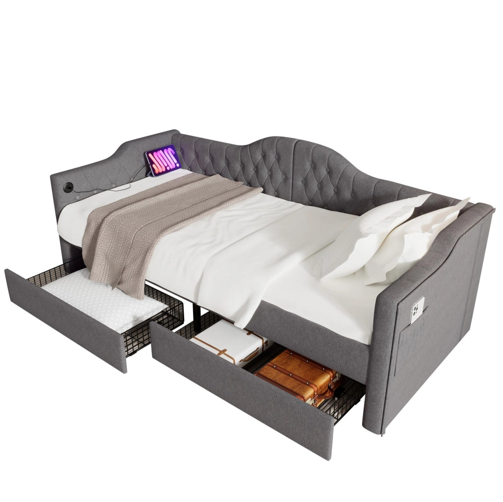 Letto giorno 90x190 cm in lino grigio con USB e Type-C; 2 cassetti e tasche laterali
