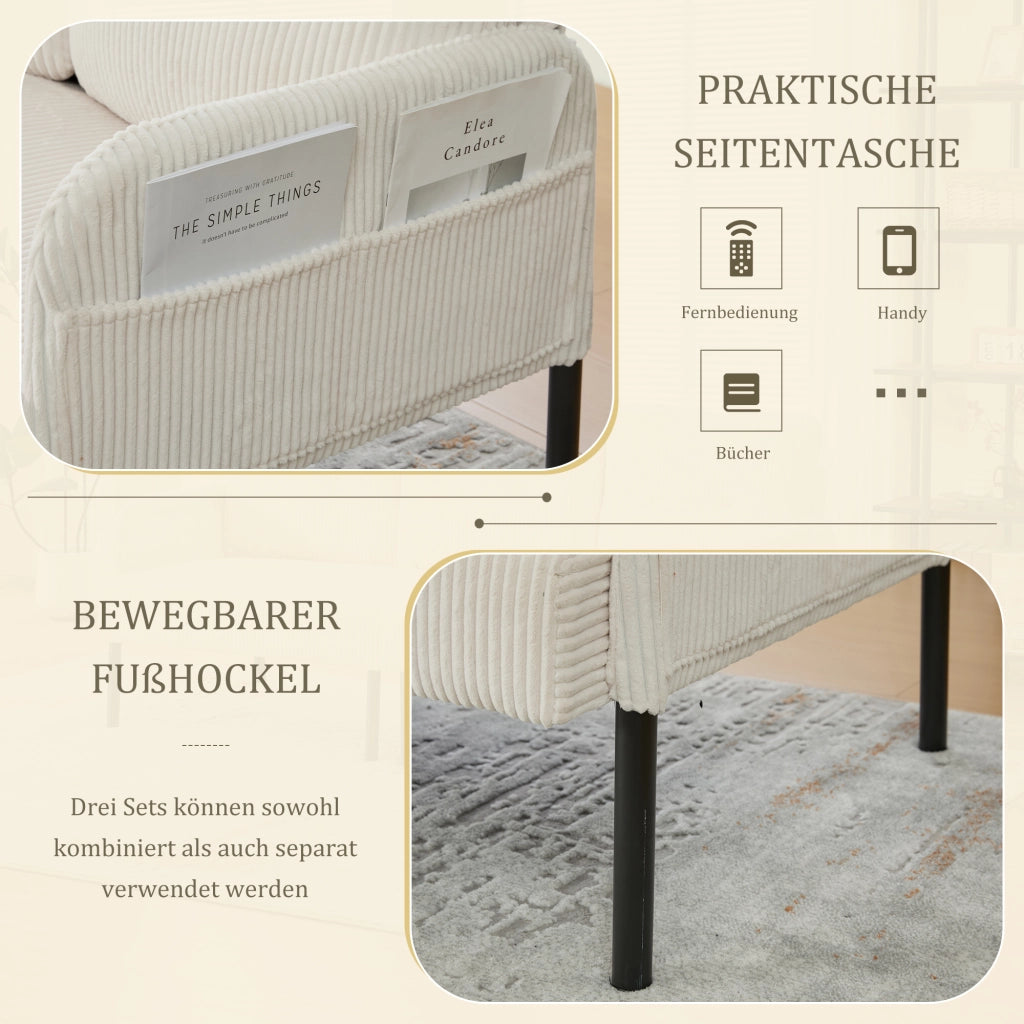 Divano a 3 posti in tessuto corduroy con seduta ampia, tasca laterale, schienale ergonomico e struttura in metallo beige