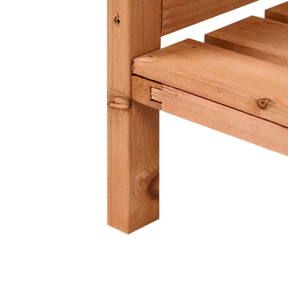 Tavolo da giardinaggio in legno di abete marrone chiaro con ganci in acciaio e cassetto, per riporre gli attrezzi da giardino, in stile rustico