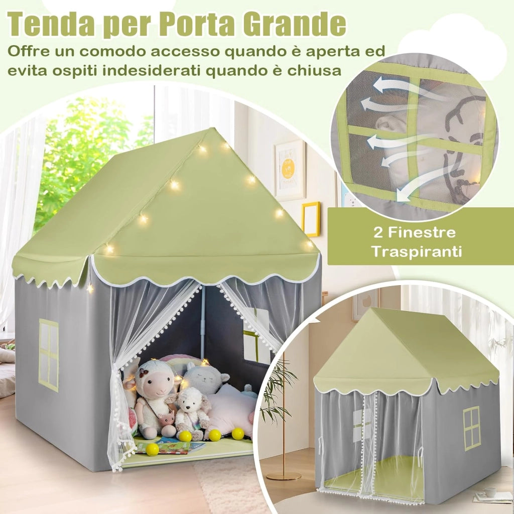 Tenda da Gioco per Bambini, Tenda Castello con Tappetino Lavabile, Luci a Forma di Stella, per Interno ed Esterno, 105 x 121 x 136 cm (Stile 2 Verde)