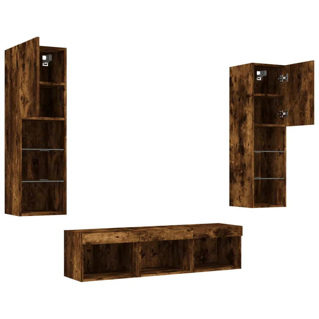 Mobili TV a Muro con LED 5pz | Armadietto TV | Mobile Porta TV Rovere Fumo in Legno Multistrato