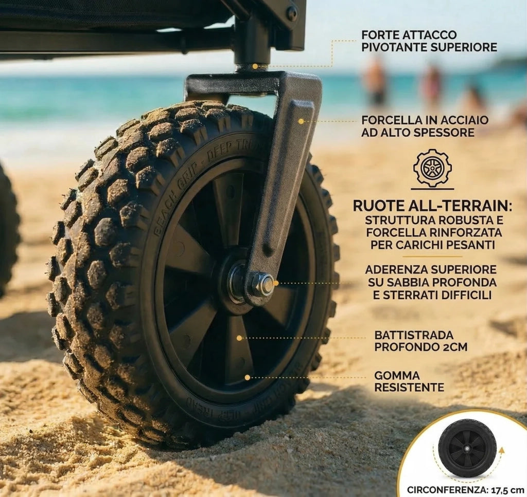Carrello Pieghevole Trasporto per Spiaggia, Giardino e Spesa. 96 Litri, Max 65kg. Colore: Sabbia