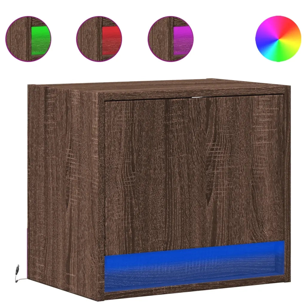 Set di 2 Comodini | Armadio da Notte | Mobiletto da notte a Parete con luci LED Rovere Marrone