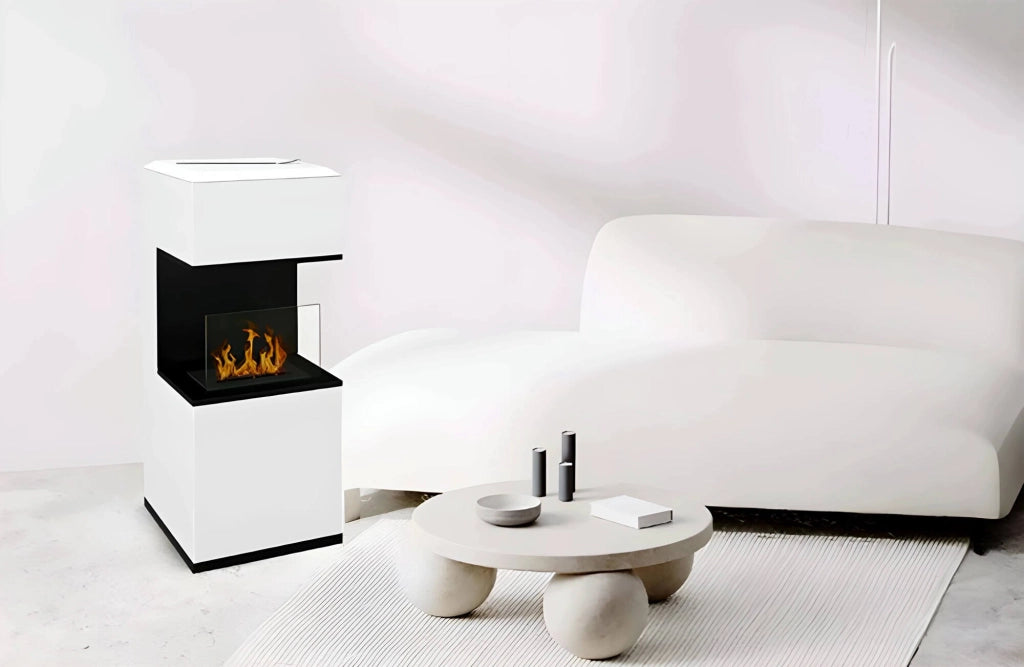 Camino a bioetanolo Ancarano, Caminetto ecologico, Focolare senza fumo, Riscaldatore ad etanolo, Made in Italy, 38x38 h100 cm, Bianco e Nero