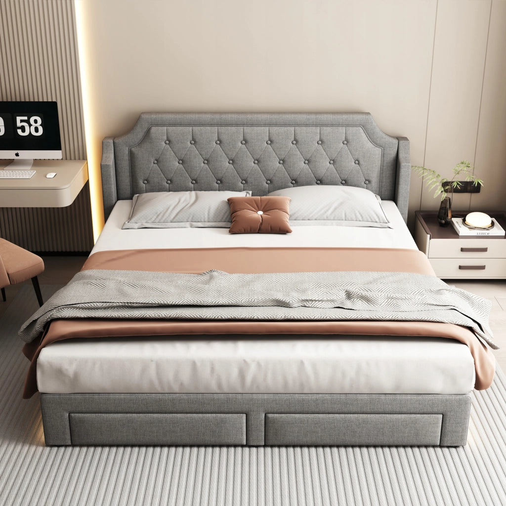 Letto matrimoniale 180x200 - Xylo - LED, 2 cassetti, lino, grigio