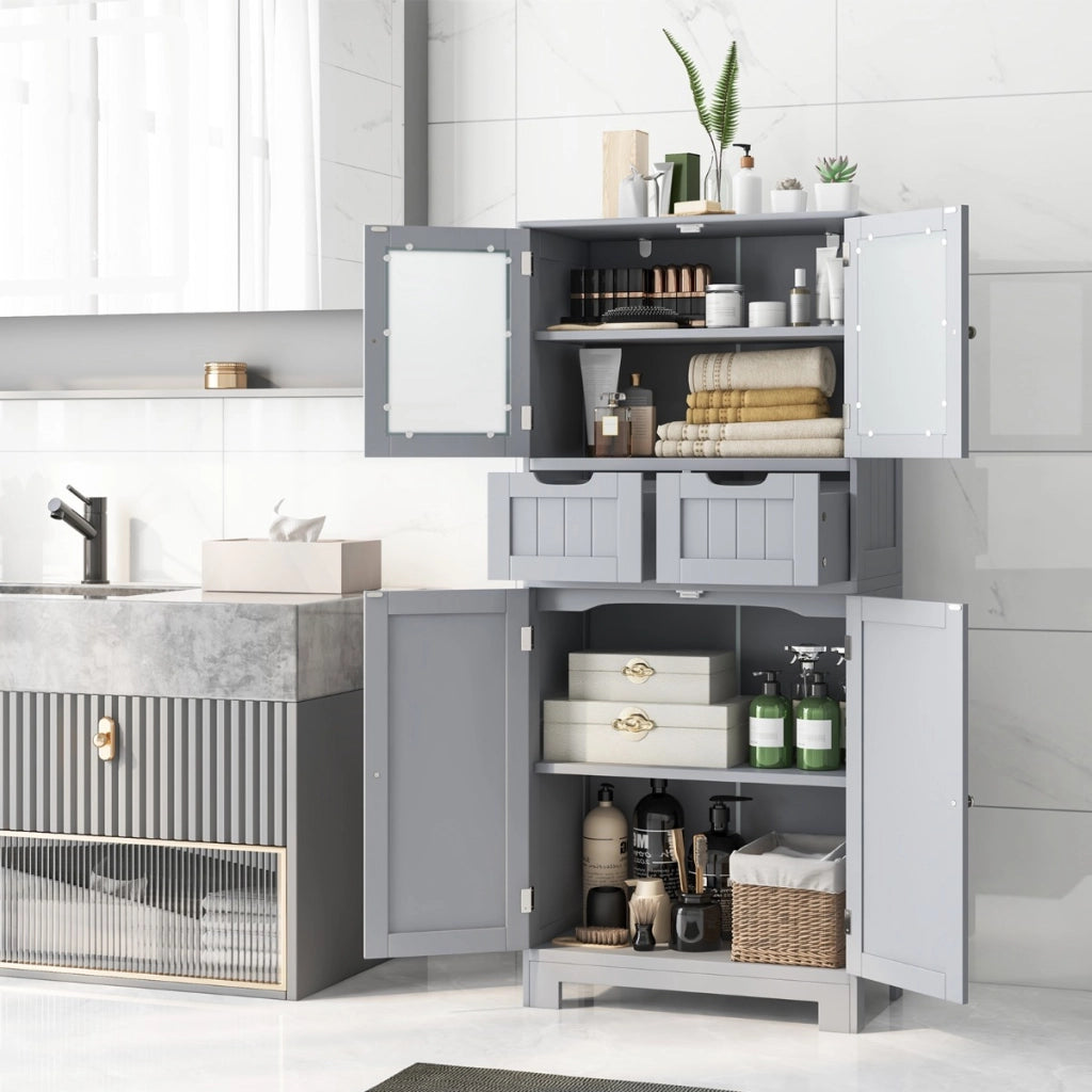 Armadio da terra con 4 ante 2 cassetti e ripiani regolabili-Mobile da bagno indipendente multifunzionale Grigio