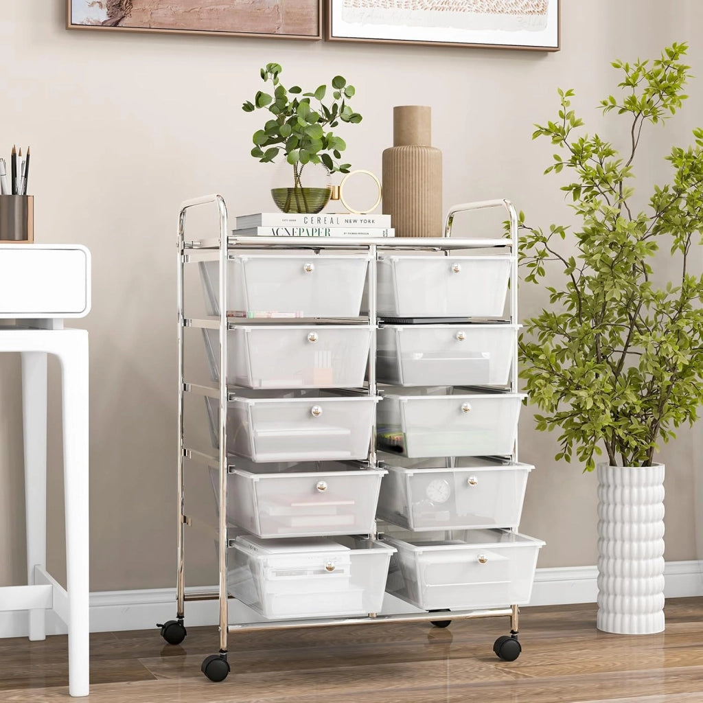 Carrello a 10 Cassetti con Ruote, Carrello di Stoccaggio con Stabilità Elevata, Carrello Multiuso per Casa Ufficio e Scuola, 65,5 x 37 x 87 cm (Trasparente)