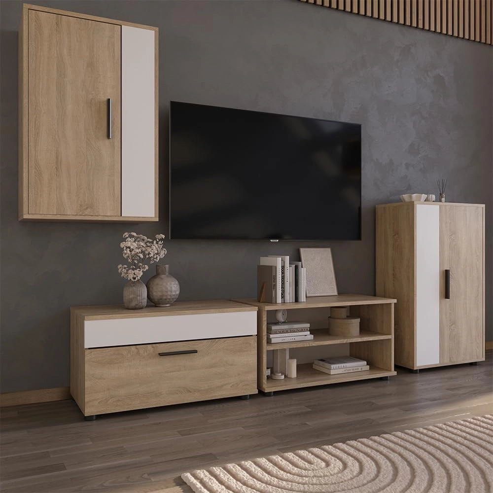 Mobili da soggiorno Berno, Sonoma/Bianco, 2 parti, per la conservazione di dispositivi multimediali e accessori per la casa
