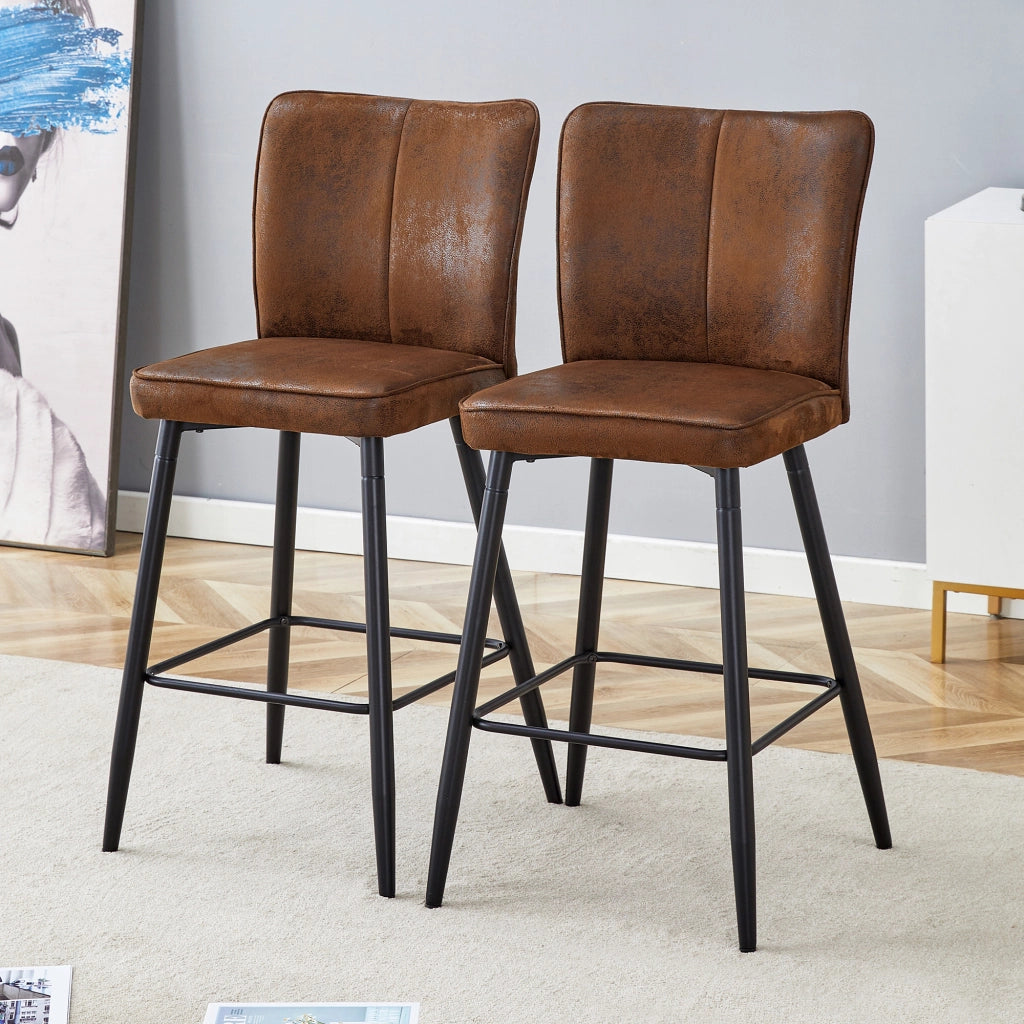 Set di 2 Sgabelli da Bar con Schienale Ergonomico e Poggiapiedi Quadrato; Metallo e Tessuto; Marrone e Nero