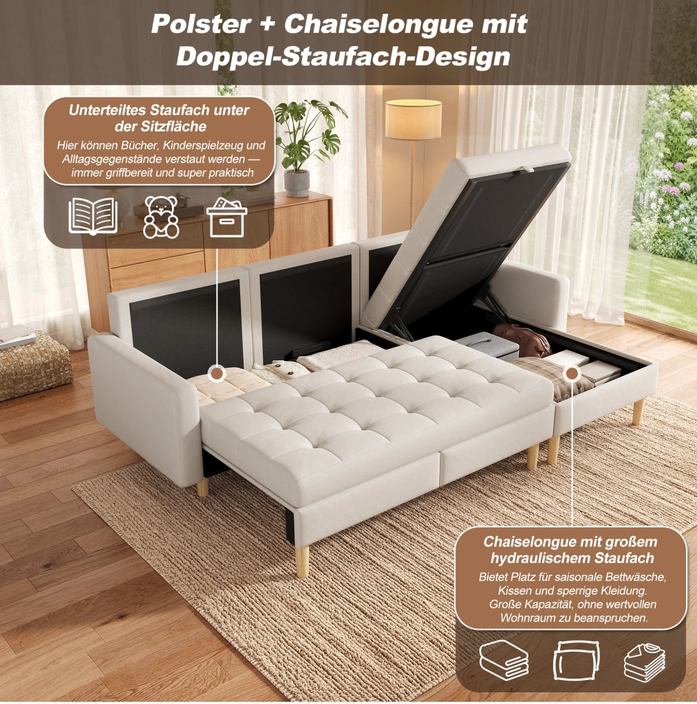 Divano angolare a L beige con chaise longue reversibile e vani contenitore 212x130x86 cm