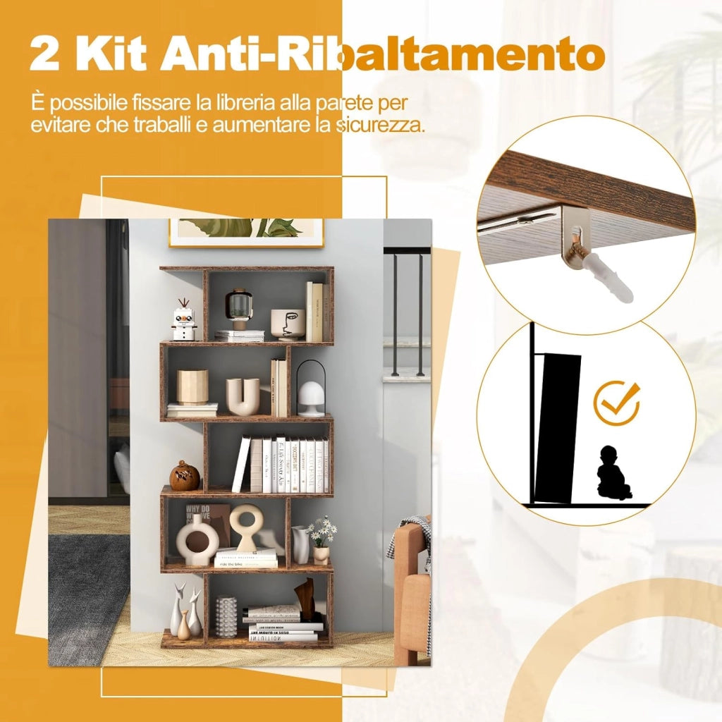 Scaffale in Legno a 5 Ripiani, Libreria Scaffale a Forma di S con Dispositivo Antiribaltamento, Divisorio per Soggiorno Ufficio Camera da Letto, 70 x 23,5 x 158 cm