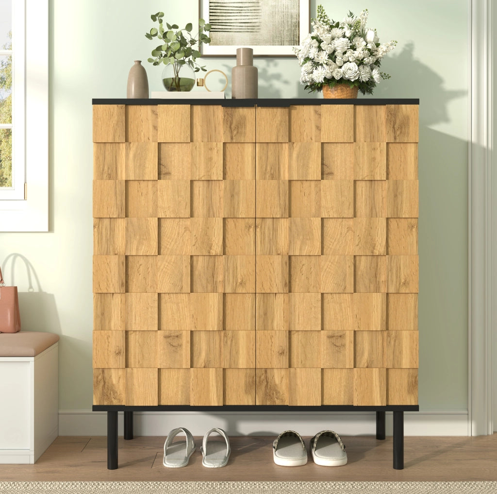 Mobile portascarpe a 2 ante con design a mosaico; 80x35x91;5 cm; effetto legno naturale