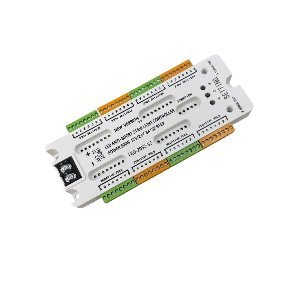 Controller LED per scale 32 canali 12V 24V 500W con 2 sensori, centralina illuminazione sequenziale regolabile fino a 32 gradini