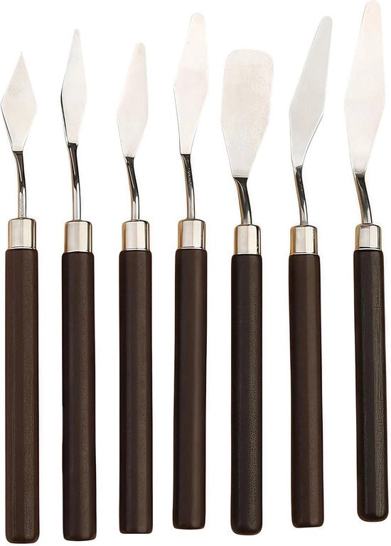 Penne per pennello in set da 7 pezzi con manico in legno - Pennelli per pittore in acciaio inossidabile - Set di pennelli per pittura - Diverse forme - Pennelli per mescolare.