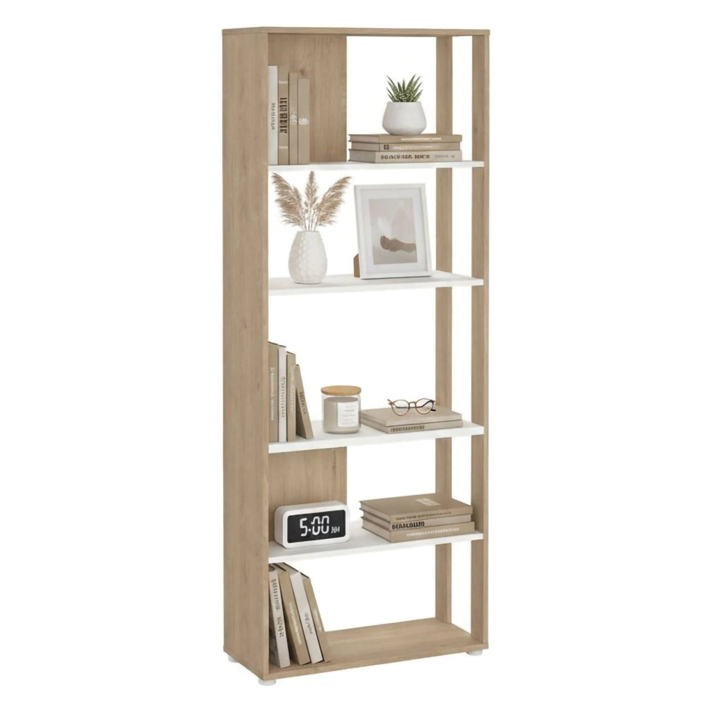Libreria MuGuiying, Scaffale da ufficio, Mobile portalibri, Biblioteca, 80x34 h205 cm, Rovere e Bianco