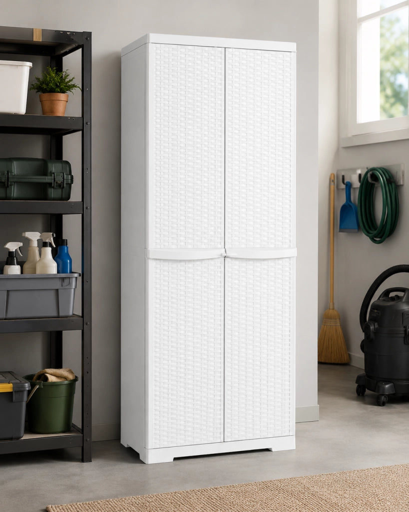 MOBILETTO IN POLIPROPILENE 4 RIPIANI IN RATTAN H.178- L cm. 65 x P cm. 45 Bianco- TRIOP- pezzi 1