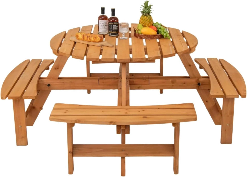 Tavolo da Picnic per 8 Persone con Foro per Ombrellone, Tavolo con Panche in Legno di Abete, Set da Giardino Esterno per Bar, Agriturismo, Sagra, Patio, Balcone, φ179 x 70 cm (Marrone)