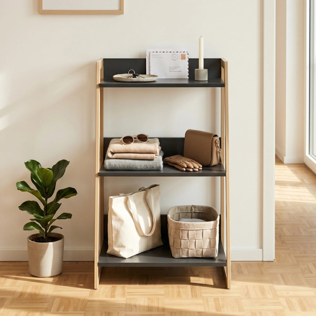 Scaffale da Terra Kuomi a 3 Ripiani con Telaio in Acciaio 84 x 53 x 47 cm - Beige/Grigio Scuro [en.casa]