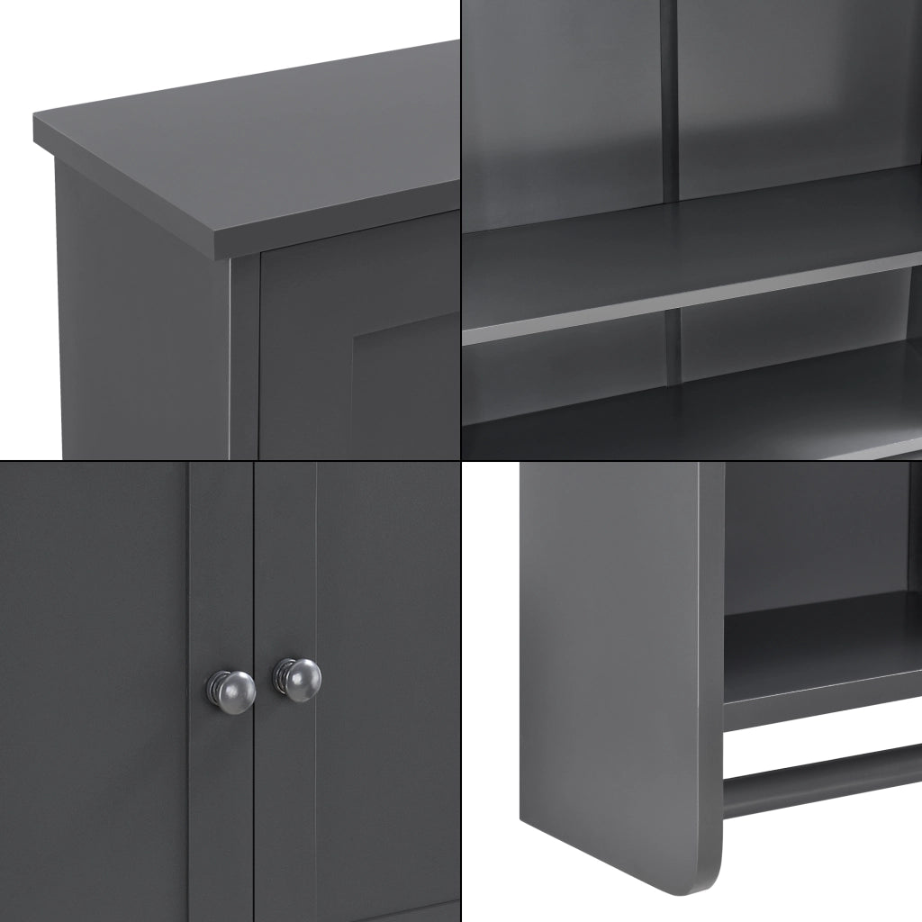 Armadietto Pensile da Bagno con Barra Portaasciugamano 65 x 48,7 x 14,5 cm Mobiletto da Muro con 2 Ante e Ripiani - Grigio Scuro