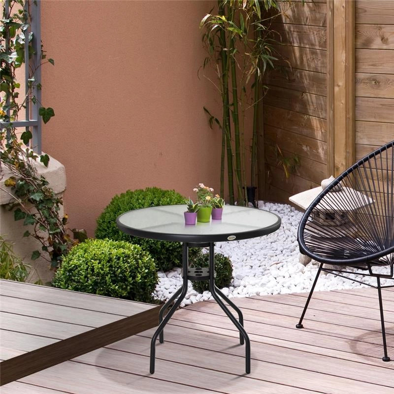TAVOLINO DA GIARDINO CON PIANO IN VETRO TEMPERATO E FORO 80 X 72 CM NERO