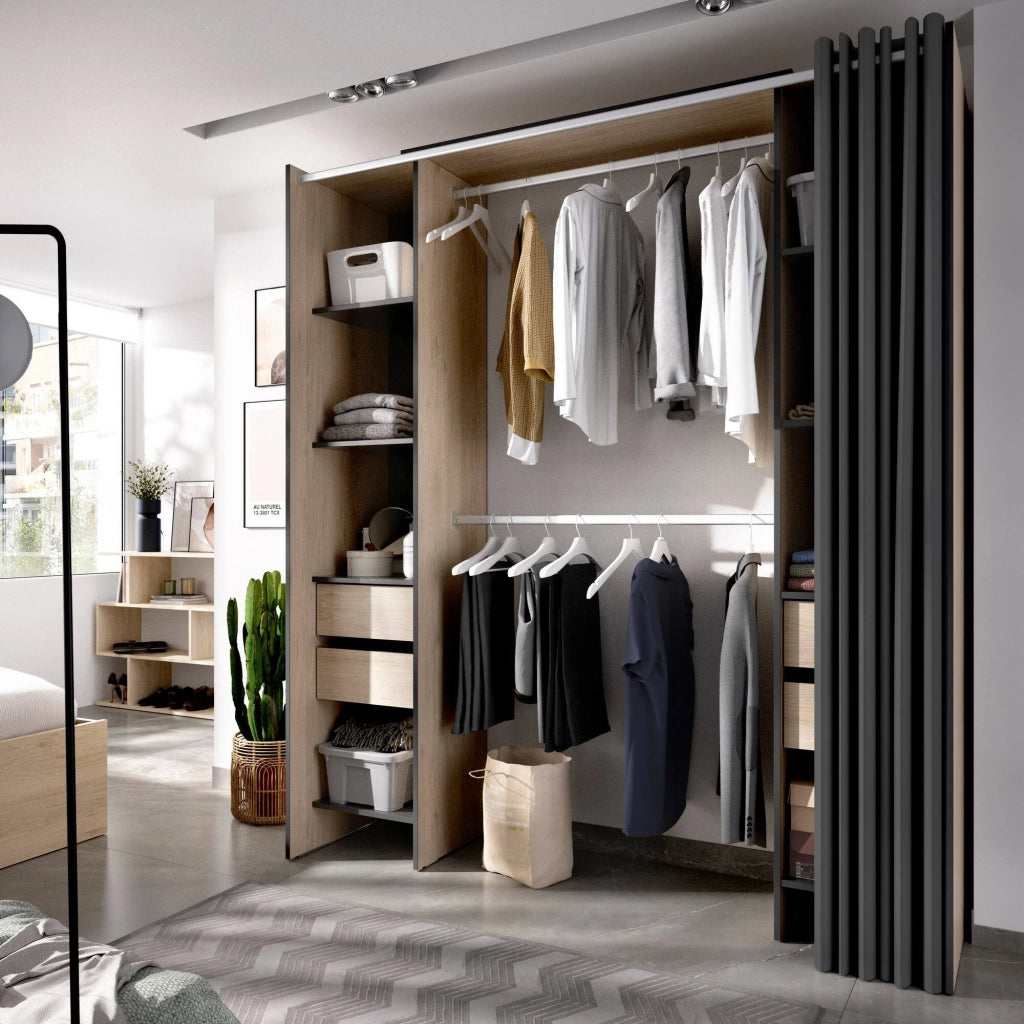 Guardaroba Era, Struttura per cabina armadio, Mobile appendiabiti aperto, 180x50h205 cm, Rovere e Antracite