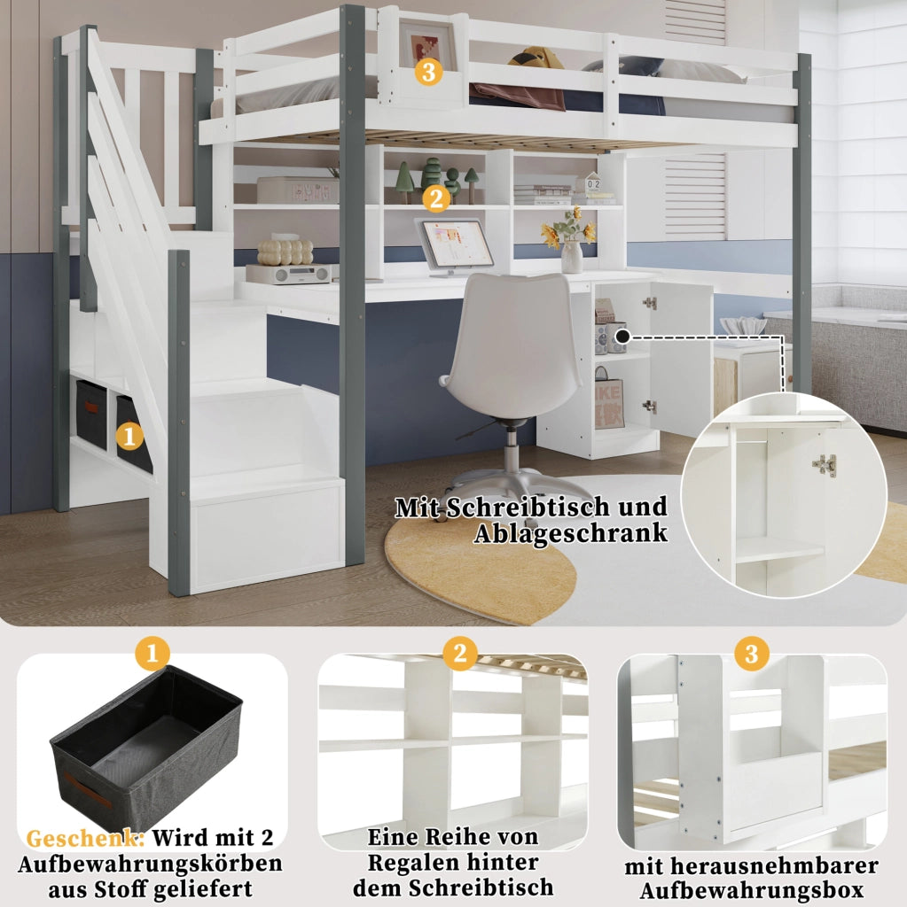 Letto semi-alto 90x200 cm con scrivania; scala contenitore e ripiani; bianco e grigio