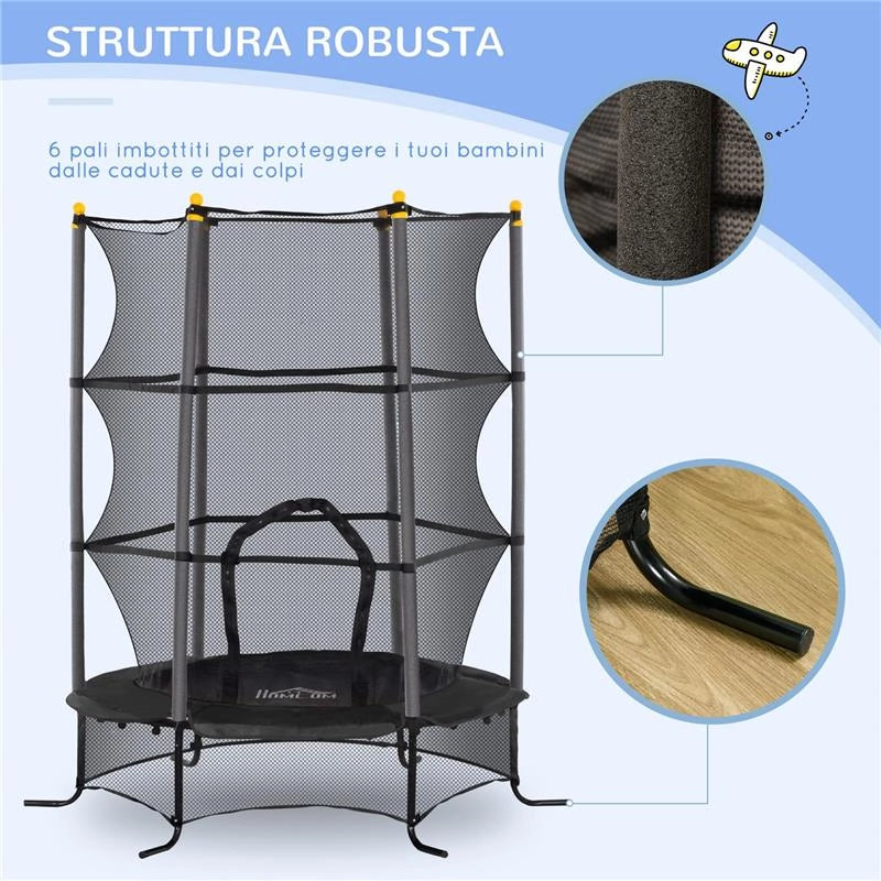TRAMPOLINO ELASTICO PER BAMBINI Ï1.6X1.9 M CON RETE DI SICUREZZA E PALI IMBOTTITI, ETÓ 3-10 ANNI, NERO