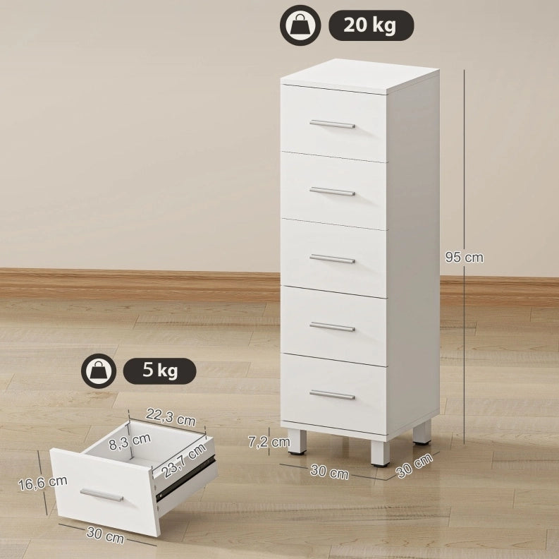 Mobiletto bagno stretto bianco con 5 cassetti 30 x 30 x 95 cm