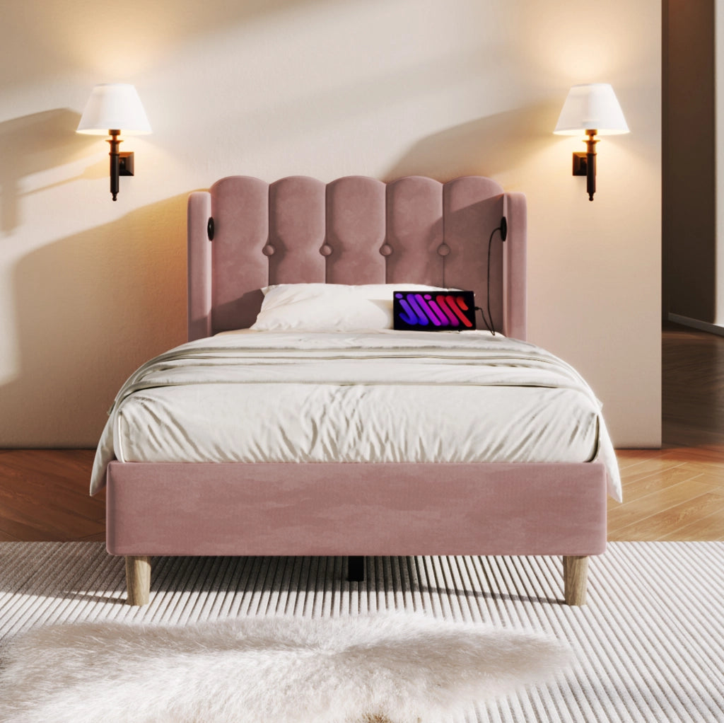 Letto imbottito in velluto rosa 90x200 cm con USB e Type-C