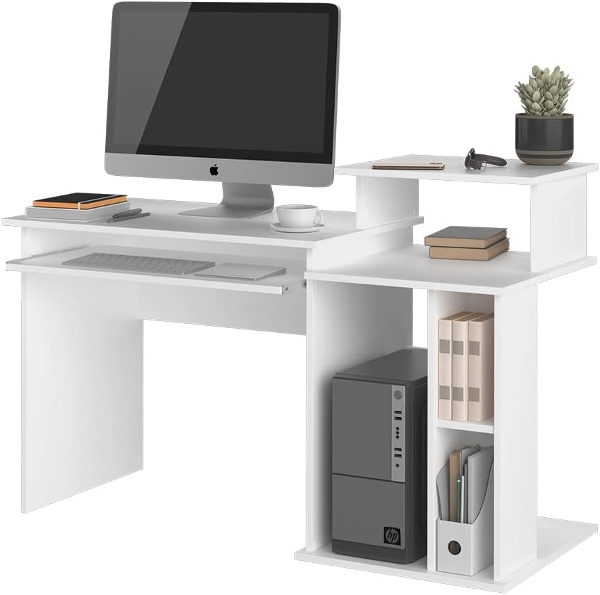 Scrivania con ripiani Jan, Bianco, 130 x 55 cm, con sovrastruttura e ripiano estraibile per tastiera