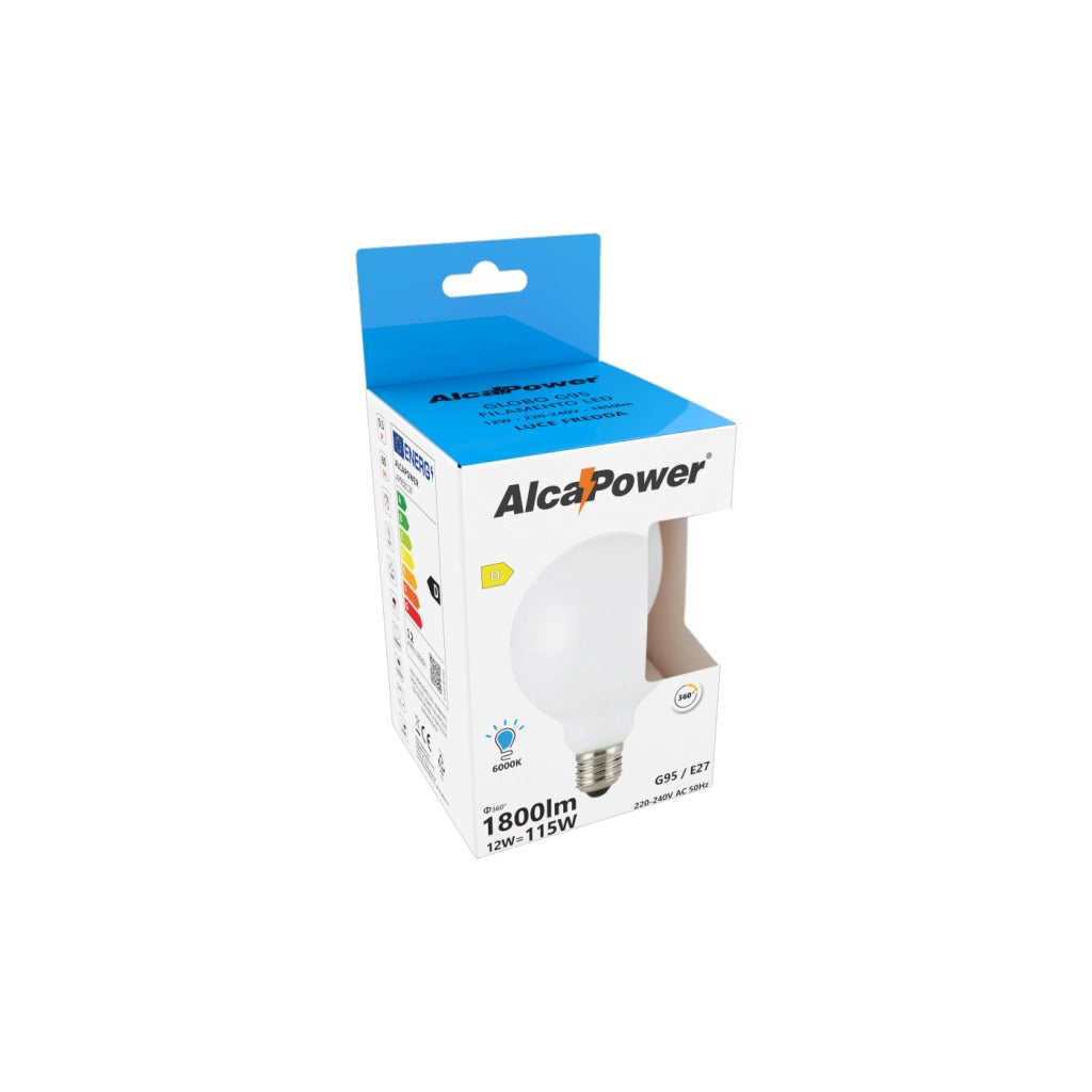 Alcapower Lampadina LED Globo G95 Filamento Bianco 12W 1800lm 6000K Attacco E27 Luce Fredda ad alta efficienza energetica Classe D 230V 50Hz