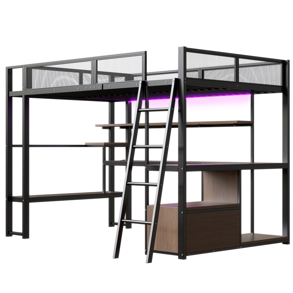 Letto a soppalco 140 × 200 cm con scrivania integrata, LED, ripiani e stazione di ricarica, senza materasso