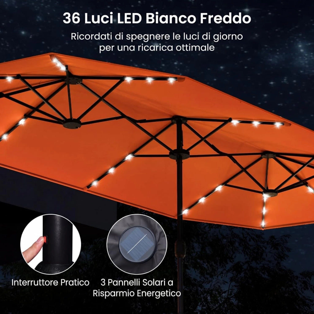 Ombrellone da Giardino Doppio 400 x 200 cm, con 36 Luci LED Solari, Manovella 12 Stecche, Base, Anti-UV, Rettangolare, per Giardino Piscina Cortile (Arancione)
