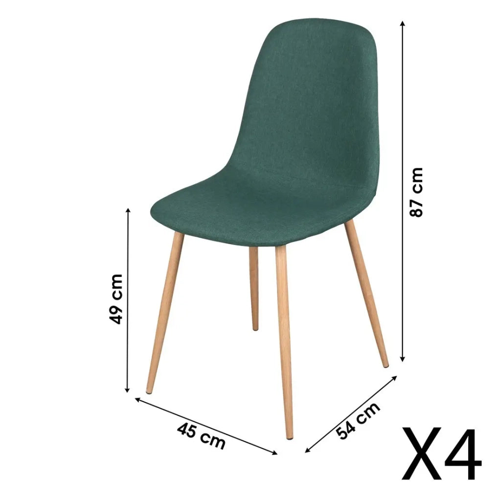 Set di 4 sedie in tessuto verde con gambe in metallo effetto legno - Dimensioni 45x87x54 cm, altezza seduta 49 cm - NORDICA