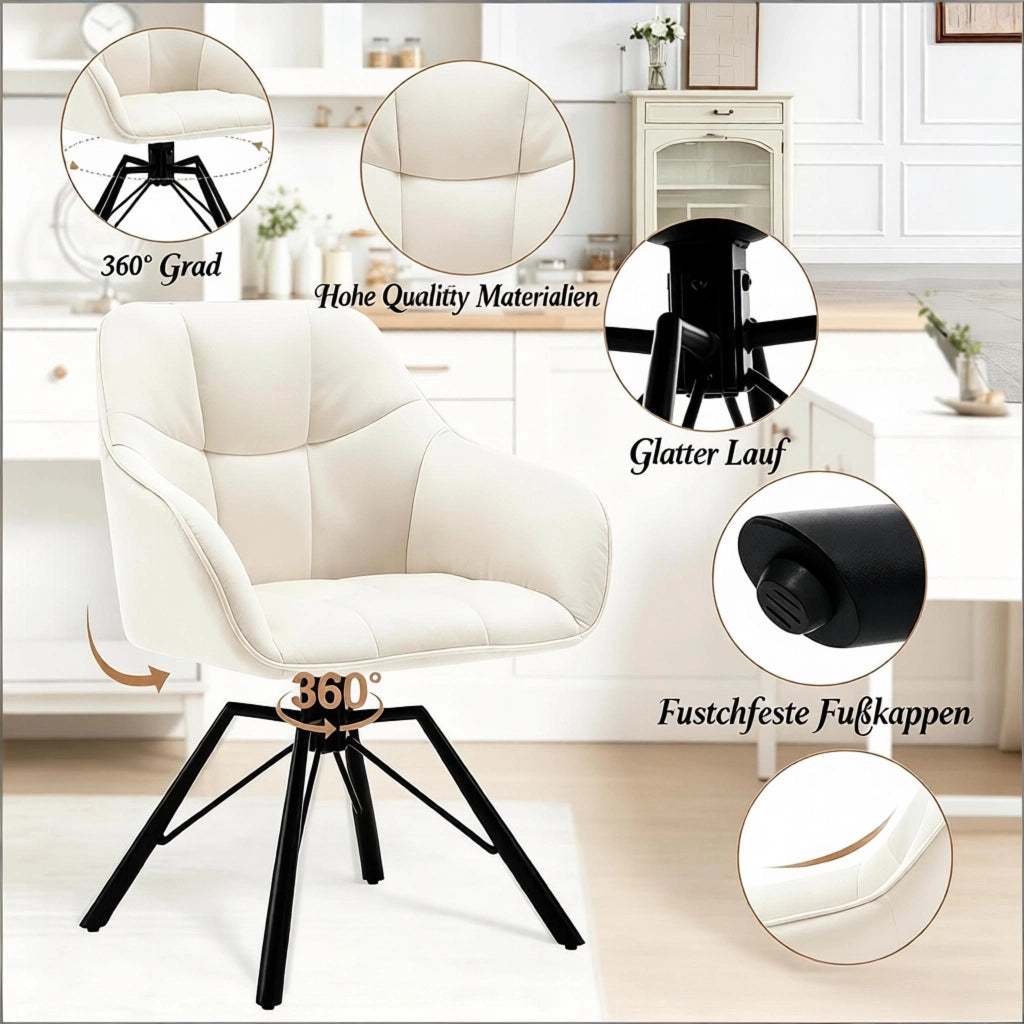 SEDIA Girevole 360° 58,5x82,5x54,5 cm in velluto crema Set da 2 pezzi