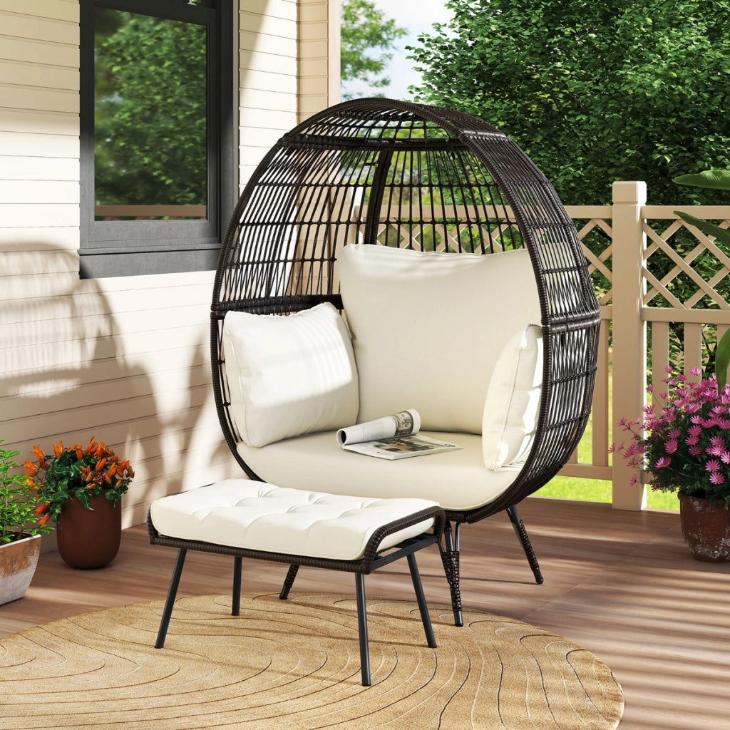 Poltrona uovo in rattan set da 2 pezzi di a cestino in rattan patio con cuscini morbidi, Poltrona a uovo con poggiapiedi  scuro-Poltrone e sdraio