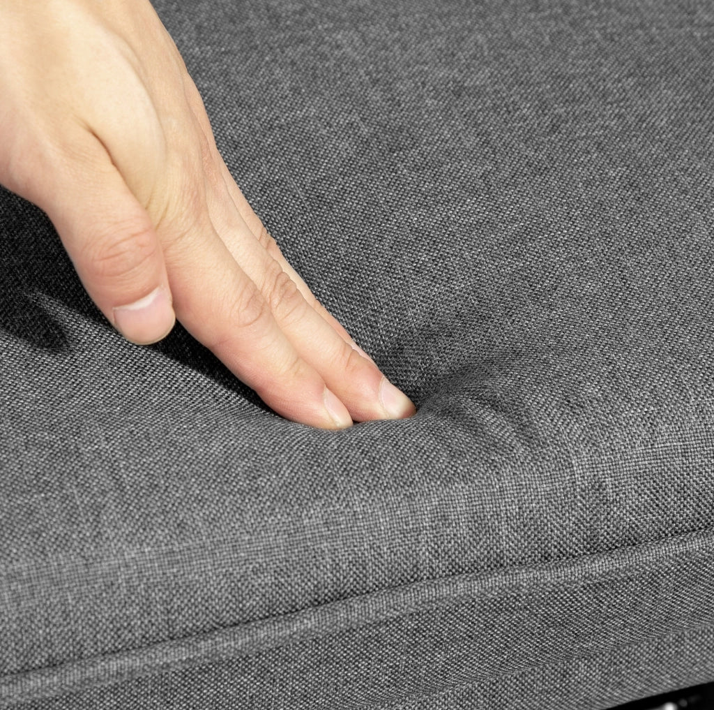 Poltrona a dondolo con poggiapiedi; schienale alto e imbottitura in poliestere grigio scuro