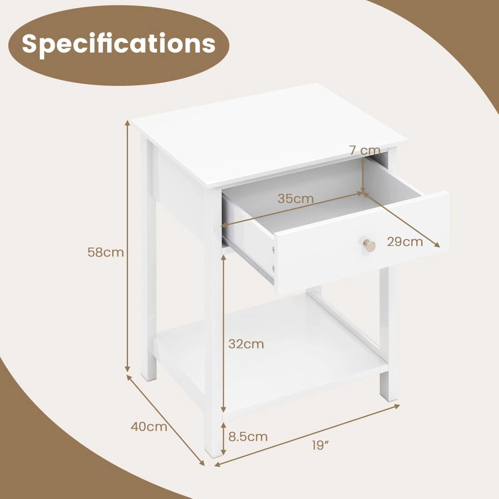Comodino moderno, comodino con cassetto, ripiano aperto, grande superficie, in legno, gambe antiscivolo, stile chic salvaspazio per soggiorno, camera da letto, bianco