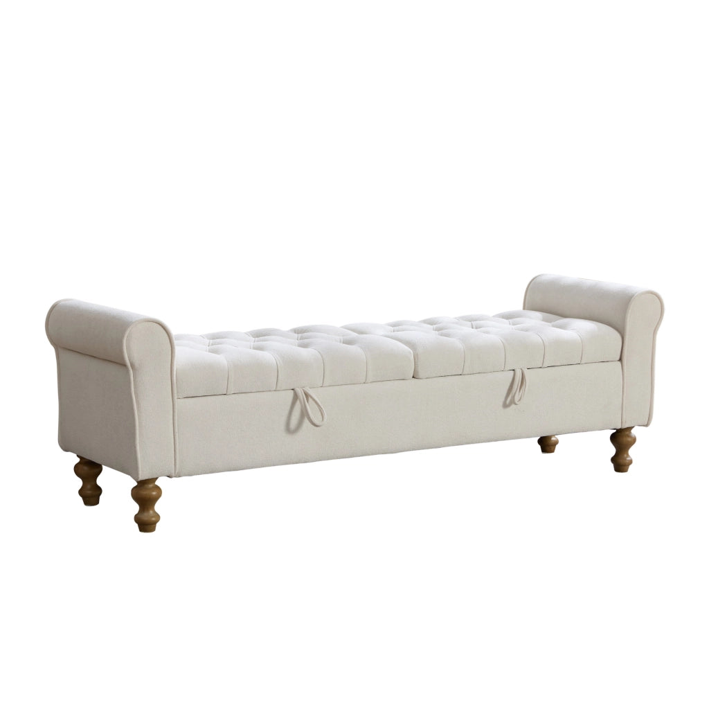 Panca contenitore ¨C Minimal ¨C Beige velluto con gambe in legno