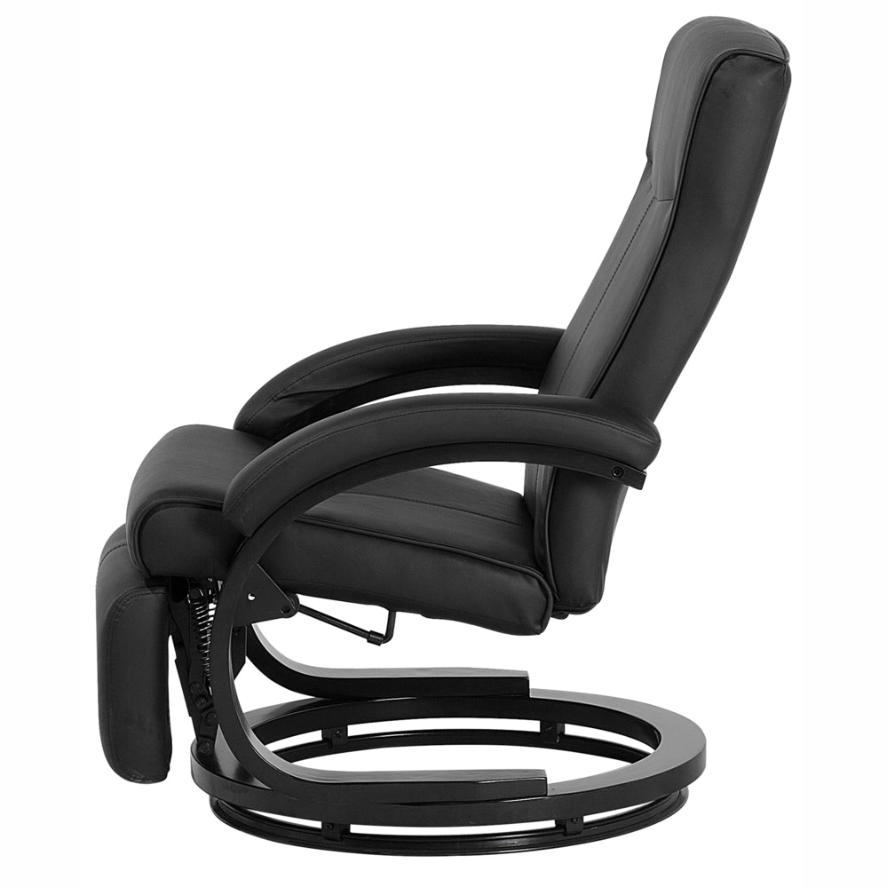 Poltrona reclinabile in ecopelle nera con schienale regolabile e base in legno poggiapiedi estraibile con schienale alto design moderno